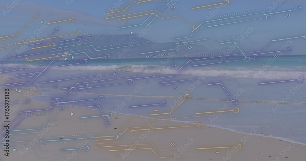 Naklejka premium Showcasing sandy shoreline meeting gentle turquoise ocean waves at beach, with scattered shells