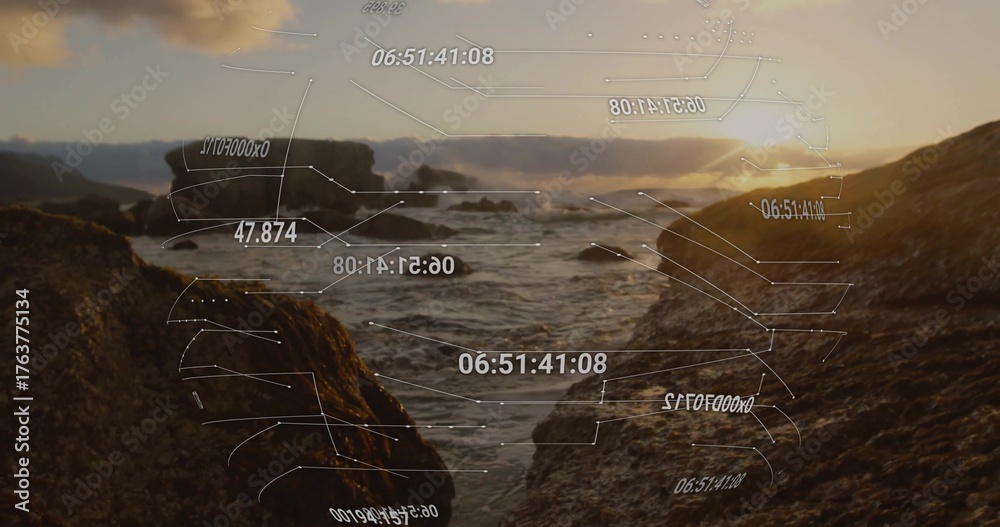 Obraz premium Flowing waves moving through seaweed-covered rocky inlet at sunrise, with HUD overlays