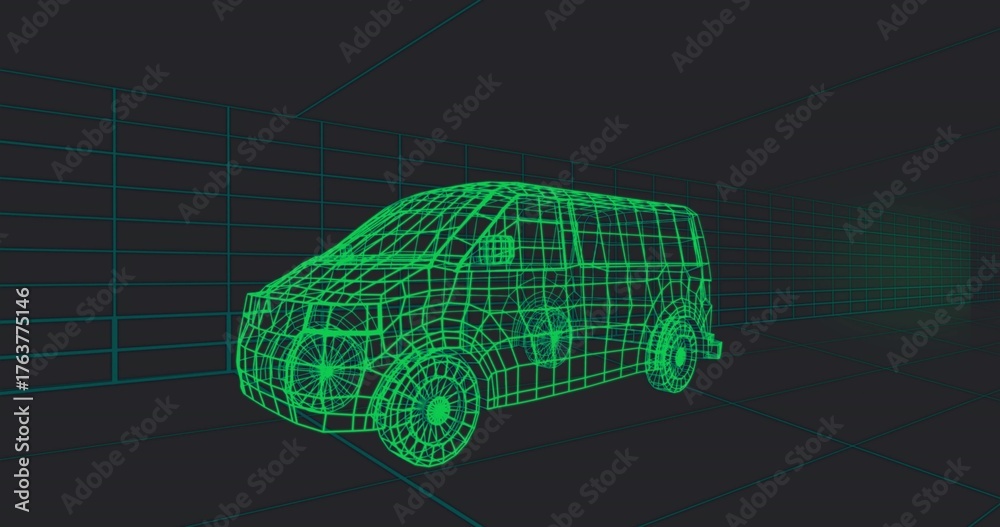 Obraz premium Displaying neon green wireframe van rotating in virtual 3D space, with grid line guides