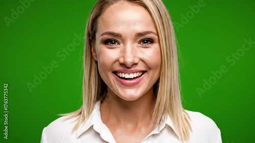 Professional Businesswoman with Blonde Hair Wearing White Shirt Smiling and Gesturing Confidently Against Green Screen for Corporate Presentations Advertising and Marketing Campaigns