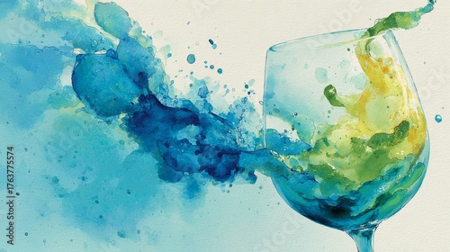 Artistic watercolor closeup of protein isolate dissolving in glass, gentle gradients, fresh and healthy nutrition theme