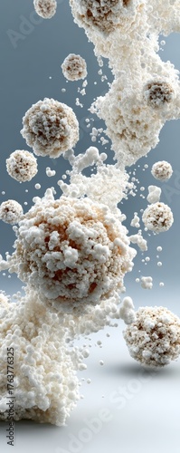 Artistic macro of hydrolyzed protein particles in liquid, sleek scientific background, nutrition technology imagery
