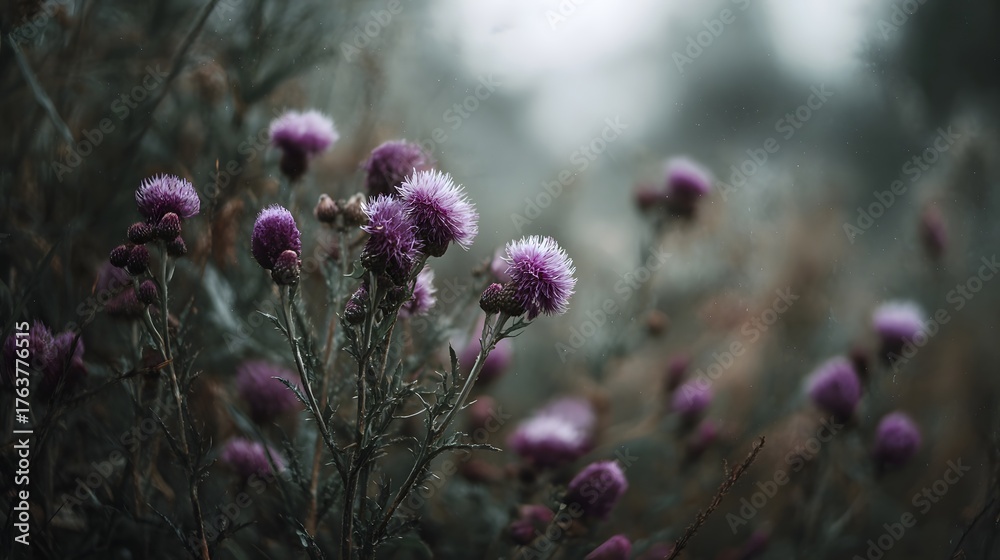 Obraz premium Close up of vibrant purple thistle flowers blooming in a soft natural outdoor setting with a blurred background