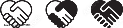 Heart Handshake Icons of Partnership, Unity, and Agreement in Black and White