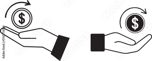 Hands Presenting Dollar Coins with Circular Arrows Money Exchange, Financial Growth Concept