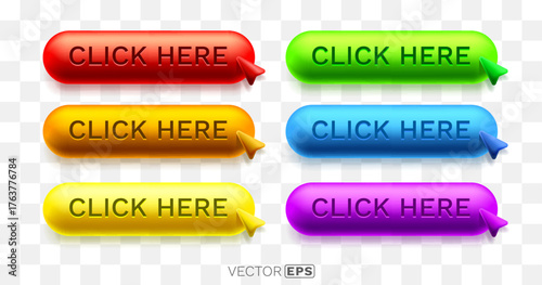 Vibrant 3D Click Here buttons with mouse cursors. A set of colorful interactive web elements.