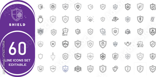 60 Shield Line Icons Set – Editable Vector Collection of Security, Protection, Privacy, Antivirus, Data Safety, Cyber Defense, and Guard Concepts in Minimal Outline Style