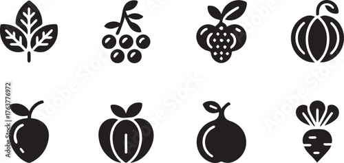 Icons Showing Various Fruits and Vegetables Leafy Green, Grapes, Berry, Pumpkin, and Root Vegetables