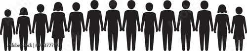Line of Black Silhouette Figures on White Background, Group of People Illustration
