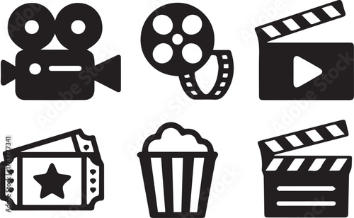 Movie Night Icons Camera, Film Reel, Clapperboard, Ticket, and Popcorn Illustration Set