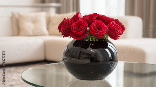 Red roses in a black vase on a glass table with a white sofa in the background in a bright room