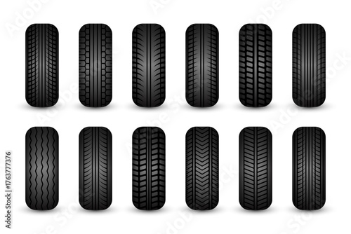 Rubber tires silhouettes. Car, truck, and motorcycle wheels, tread pattern designs. Perfect for automotive, racing, and motorsport themes, repair service and transport industry. Vector illustration