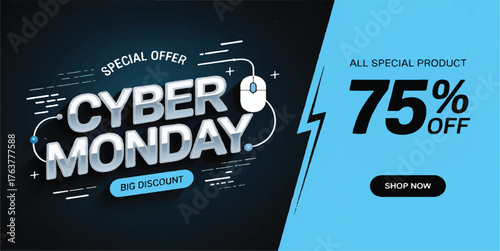 
Cyber Monday Special Offer Banner - Modern Dark Design with $75%$ Off Discount and Tech Theme , vector illustraion design 