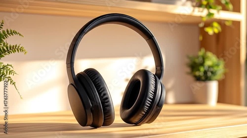 Black headphones on wooden desk.