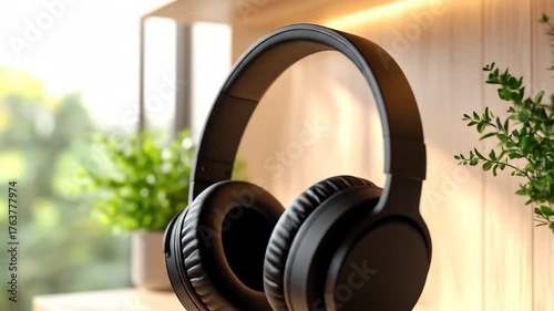 Black headphones on wooden table.