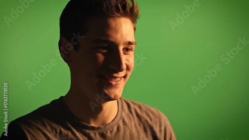 Young Man Smiling Happiness Cheerful Expression Casual Clothing Studio Shot with Green Background for Lifestyle, Youth, and Positive Emotions Commercial Content