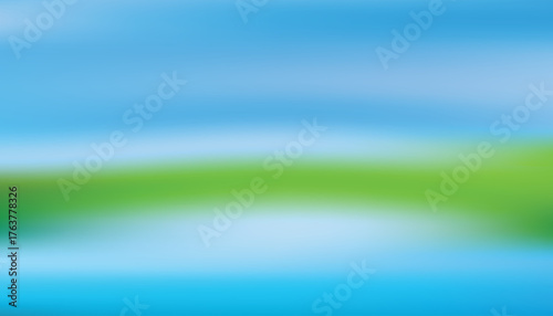 Abstract blue sky and green hill blurred gradient with soft water reflection; clean panoramic nature background for banners, web headers, eco branding, travel and wellness