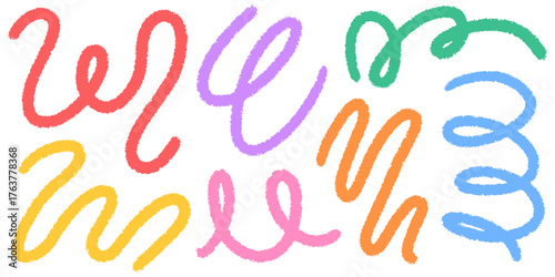 Collection of bright, bold curved lines and loops on a white background. Hand-drawn grunge-inspired waves and swirls with a playful, childlike touch. Artistic doodles in modern style