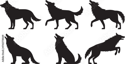 Silhouette Art Wolves in Various Poses Including Standing, Sitting, Howling, and Running