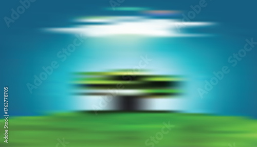 Abstract blue sky and green hill with stylized tree, motion blur and spotlight beam; minimal nature background for eco branding, banners, headers, sustainability design