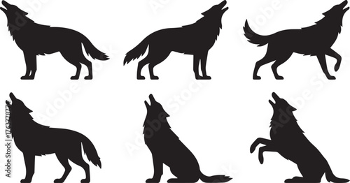 Silhouette Wolves Howling at the Moon Set in Black and White