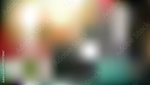 Abstract cafe interior blur with warm lights, red and teal accents, soft bokeh; modern coffee shop background for banners, menus, web headers, food and hospitality branding