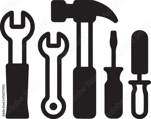 Simple Black and White Illustration of a Basic Hand Tool Set