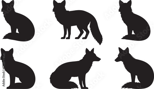 Six Black Fox Silhouettes Sitting, Standing, Looking Right, Animal Illustration