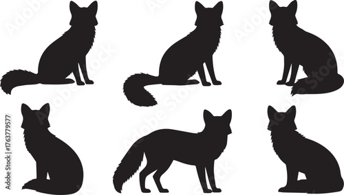 Six Black Fox Silhouettes in Various Poses Sitting, Standing, and Looking at Viewer