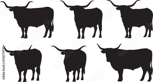 Six Black Silhouette Longhorn Cattle Bulls in Various Poses on a White Background
