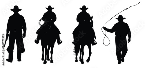 Vector art illustration of a woman riding a horse silhouette drawing with a cowboy hat