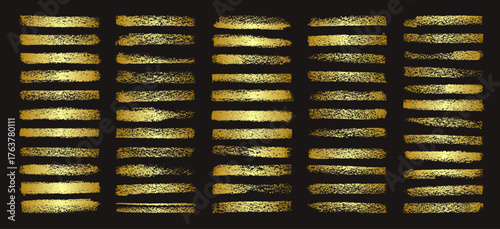 Golden brush strokes, lines, ink smudges, hand-drawn scribble shapes. Handmade sketchy marks, acrylic stains, charcoal streaks. Paint textures, dry brush effect. Marker underline. Vector illustration