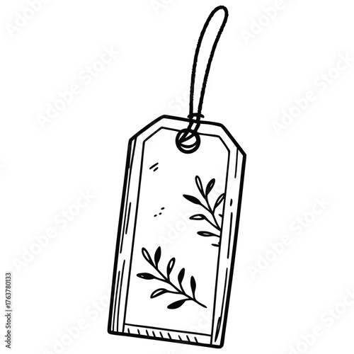 Hand drawn sketch of a decorative gift tag with botanical elements