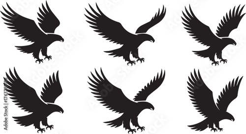 Six Silhouetted Eagles in Flight, Predatory Birds with Spread Wings and Sharp Talons on White Background