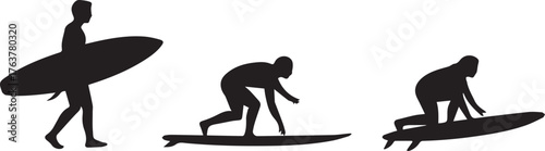 Surfer Silhouette Sequence Walking with Board, Popping Up, and Riding the Wave