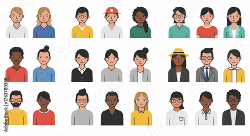 Flat vector portraits of diverse people with different hairstyles, genders, and skin tones. Ideal for apps, web UI, and infographics.