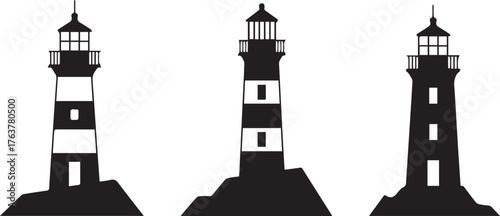 Three Black and White Lighthouse Silhouettes Standing on Rocks Against a White Background Design