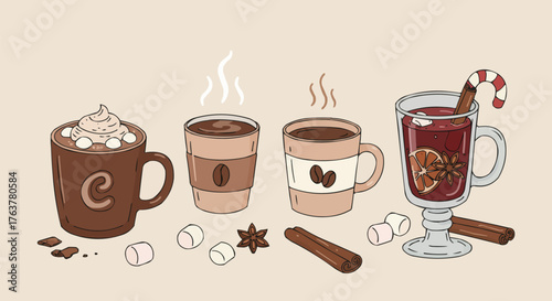 Cups of coffee, cocoa, and mulled wine with cinnamon and candy canes. Perfect for seasonal packaging and cafe decor.