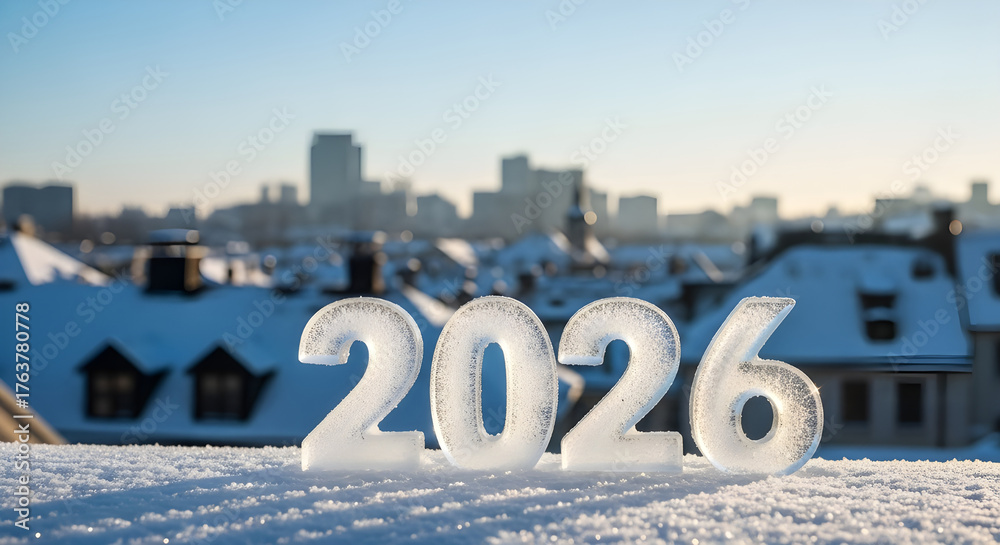 custom made wallpaper toronto digitalThe year 2026 made of ice on a snowy surface with a blurred city skyline in the background, symbolizing the upcoming new year celebration