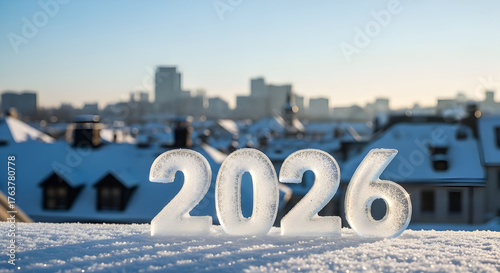 Wallpaper Mural The year 2026 made of ice on a snowy surface with a blurred city skyline in the background, symbolizing the upcoming new year celebration Torontodigital.ca