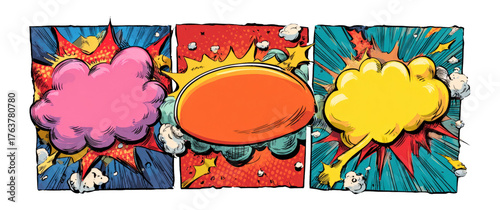 Colorful Comic Style Speech Bubbles with Unique Art Elements on Isolated Background