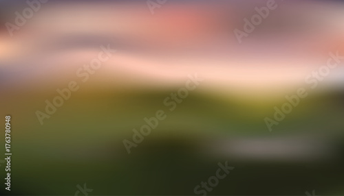 Abstract sunset landscape blur with pink sky and green hills, soft horizon glow and bokeh; minimal nature panoramic background for banners, web headers, travel and wellness design