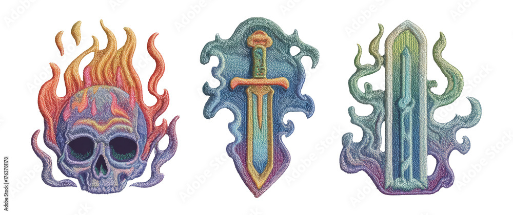 Obraz premium Colorful Fantasy Skull and Sword Illustrations with Isolated Background
