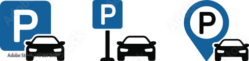 Three Parking Sign Variations Square, Rectangle, and Location Pin Icons, with Cars Below