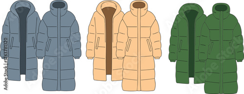 Colorful Winter Puffer Coats with Hoods in Blue, Beige, and Green for Fashion, Retail, and Seasonal Apparel Design