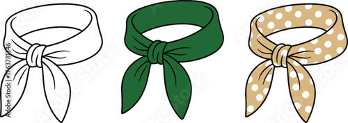 Neckerchief fashion illustration set with plain, solid and polka dot styles tied in front view layout