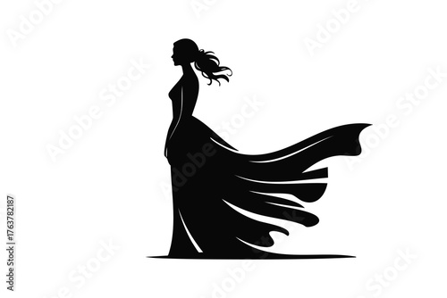 Silhouette of a woman in a flowing gown isolated on white background