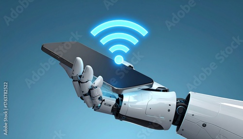 Realistic 3D render of a robotic hand holding smartphone with holographic WiFi signal floating above, representing AI, connectivity, and smart technology innovation