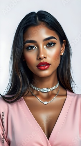 Portrait of an adorable, charming exotic woman in rich deep teal tones.  She wears soft pink and beige clothing with a diamond bracelet around her neck.  The 4K hyperrealistic image features flawless.