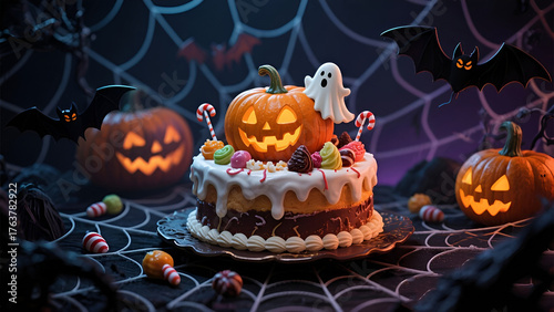 Halloween cake with skull-shaped candies on a minimal grey background.
